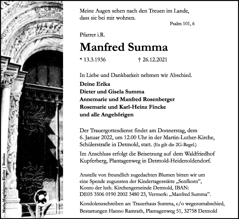  Traueranzeige für Manfred Summa vom 31.12.2021 aus Lippische Landes-Zeitung