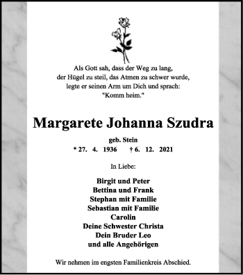 Anzeige  Margarete Johanna Szudra  Lippische Landes-Zeitung