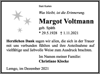 Anzeige  Margot Voltmann  Lippische Landes-Zeitung