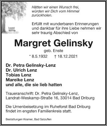Anzeige  Margret Gelinsky  Lippische Landes-Zeitung