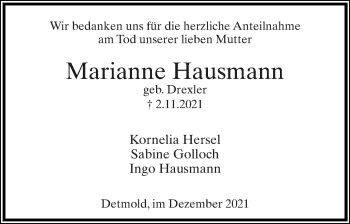 Anzeige  Marianne Hausmann  Lippische Landes-Zeitung