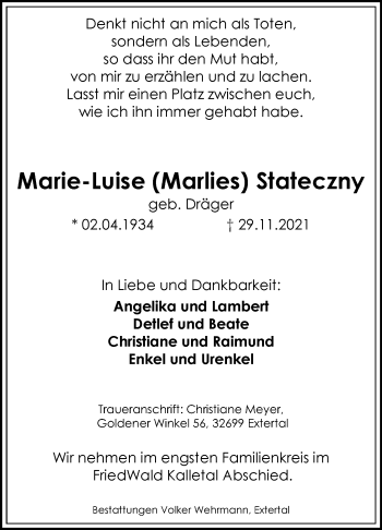Anzeige  Marie-Luise Stateczny  Lippische Landes-Zeitung