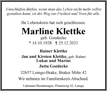 Anzeige  Marline Klettke  Lippische Landes-Zeitung