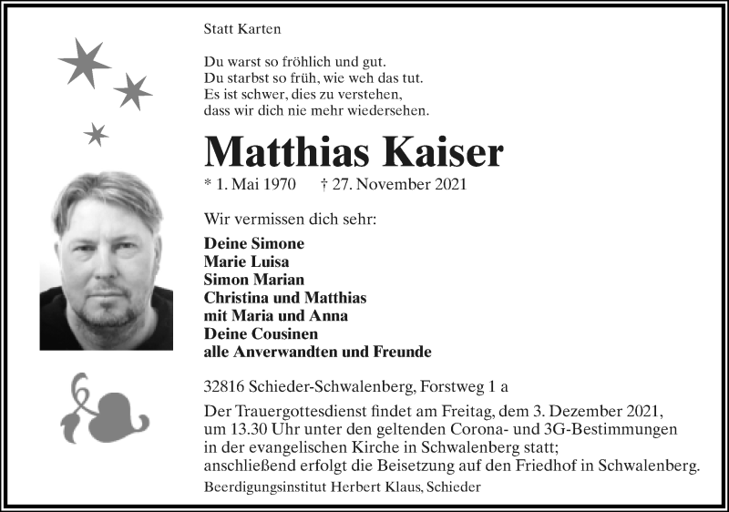  Traueranzeige für Matthias Kaiser vom 01.12.2021 aus Lippische Landes-Zeitung