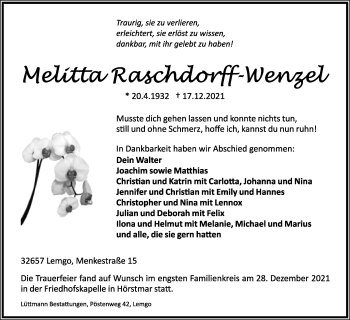 Anzeige  Melitta Raschdorff-Wenzel  Lippische Landes-Zeitung