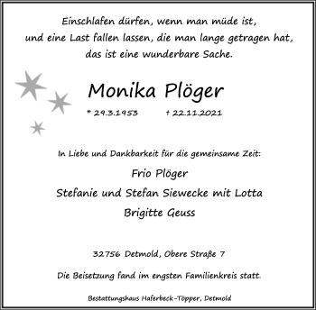 Anzeige  Monika Plöger  Lippische Landes-Zeitung
