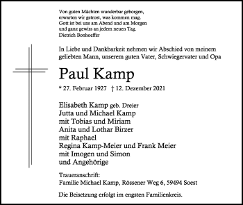 Anzeige  Paul Kamp  Lippische Landes-Zeitung