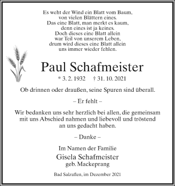 Anzeige  Paul Schafmeister  Lippische Landes-Zeitung