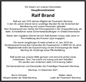 Anzeige  Ralf Brand  Lippische Landes-Zeitung