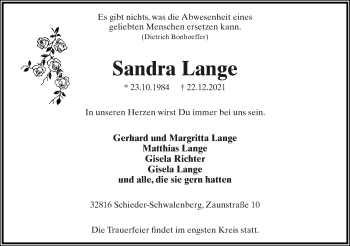 Anzeige  Sandra Lange  Lippische Landes-Zeitung