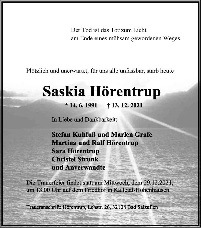  Traueranzeige für Saskia Hörentrup vom 18.12.2021 aus Lippische Landes-Zeitung