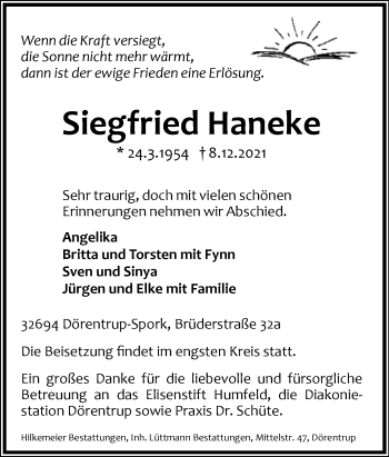 Anzeige  Siegfried Haneke  Lippische Landes-Zeitung