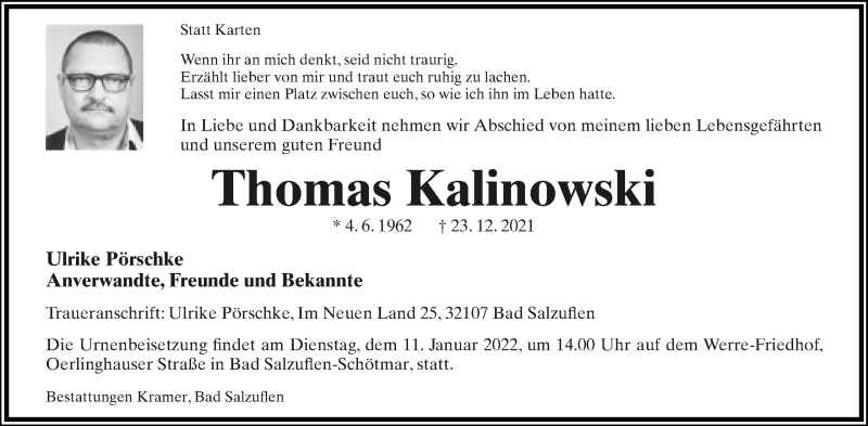  Traueranzeige für Thomas Kalinowski vom 31.12.2021 aus Lippische Landes-Zeitung
