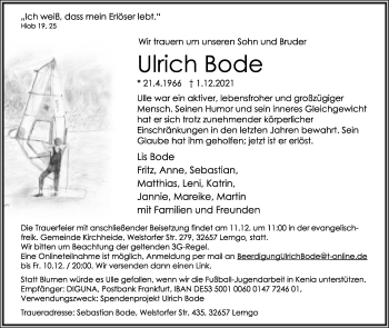 Anzeige  Ulrich Bode  Lippische Landes-Zeitung