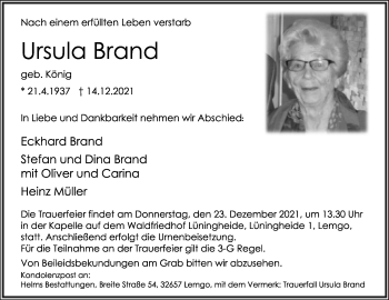 Anzeige  Ursula Brand  Lippische Landes-Zeitung
