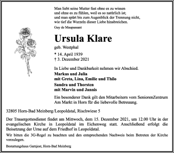 Anzeige  Ursula Klare  Lippische Landes-Zeitung