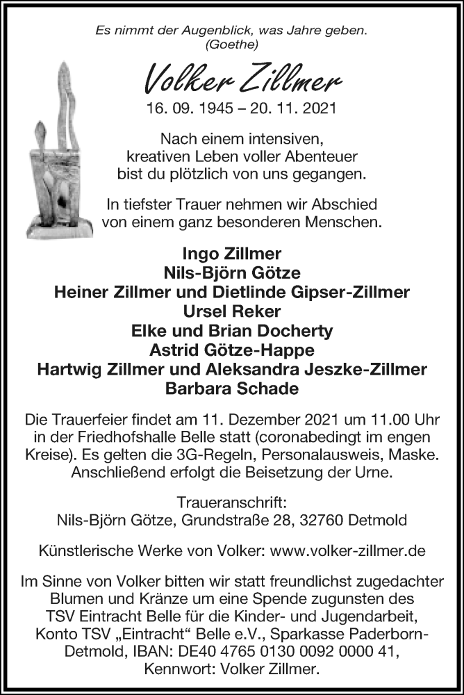  Traueranzeige für Volker Zillmer vom 04.12.2021 aus Lippische Landes-Zeitung
