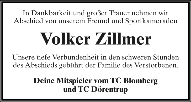 Traueranzeige für Volker Zillmer vom 11.12.2021 aus Lippische Landes-Zeitung