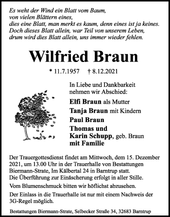 Anzeige  Wilfried Braun  Lippische Landes-Zeitung