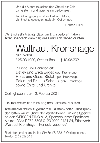 Anzeige  Waltraut Kronshage  Lippische Landes-Zeitung