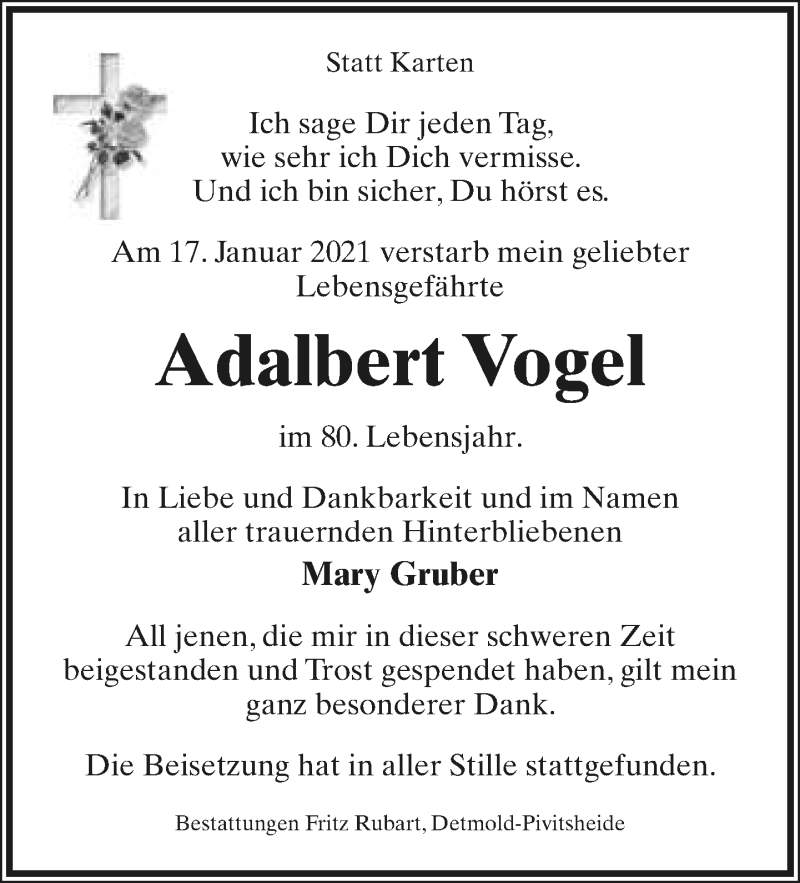  Traueranzeige für Adalbert Vogel vom 13.02.2021 aus Lippische Landes-Zeitung
