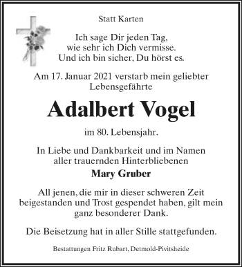 Anzeige  Adalbert Vogel  Lippische Landes-Zeitung