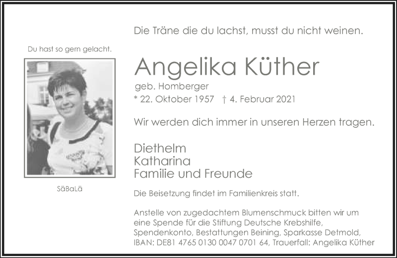  Traueranzeige für Angelika Küther vom 13.02.2021 aus Lippische Landes-Zeitung