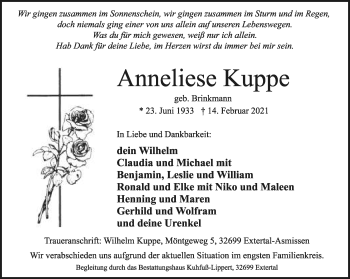 Anzeige  Anneliese Kuppe  Lippische Landes-Zeitung