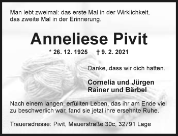 Anzeige  Anneliese Pivit  Lippische Landes-Zeitung