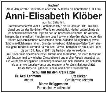 Anzeige  Anni-Elisabeth Klöber  Lippische Landes-Zeitung