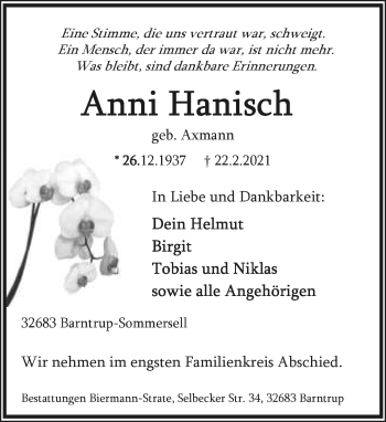 Anzeige  Anni Hanisch  Lippische Landes-Zeitung