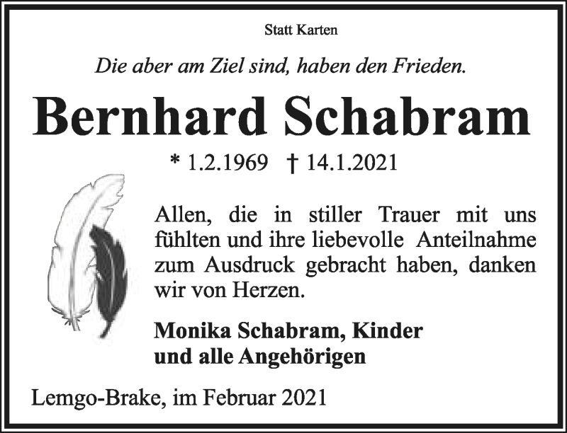  Traueranzeige für Bernhard Schabram vom 13.02.2021 aus Lippische Landes-Zeitung