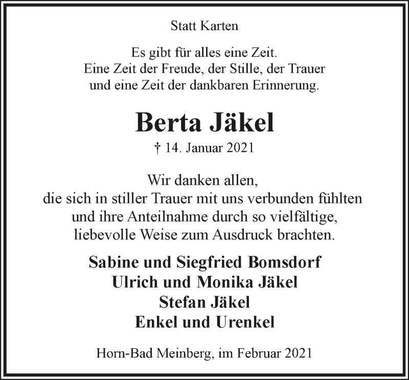  Traueranzeige für Berta Jäkel vom 13.02.2021 aus Lippische Landes-Zeitung