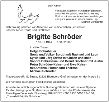 Anzeige  Brigitte Schröder  Lippische Landes-Zeitung