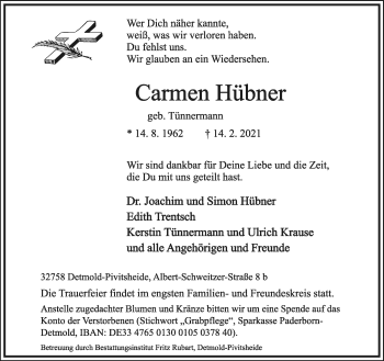 Anzeige  Carmen Hübner  Lippische Landes-Zeitung
