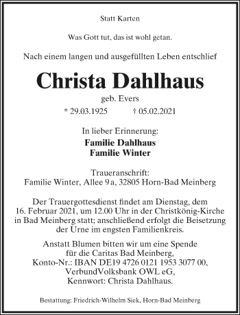 Anzeige  Christa Dahlhaus  Lippische Landes-Zeitung