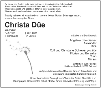 Anzeige  Christa Düe  Lippische Landes-Zeitung