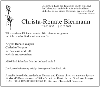 Anzeige  Christa-Renate Biermann  Lippische Landes-Zeitung