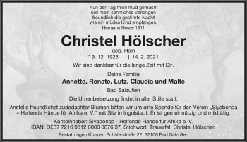 Anzeige  Christel Hölscher  Lippische Landes-Zeitung