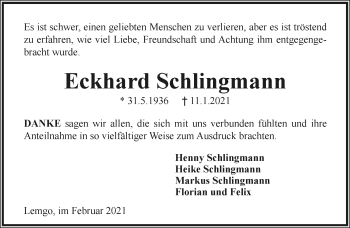 Anzeige  Eckhard Schlingmann  Lippische Landes-Zeitung