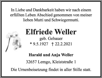 Anzeige  Elfriede Weller  Lippische Landes-Zeitung