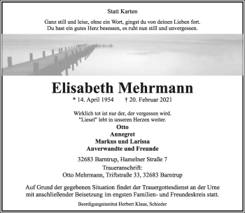 Anzeige  Elisabeth Mehrmann  Lippische Landes-Zeitung