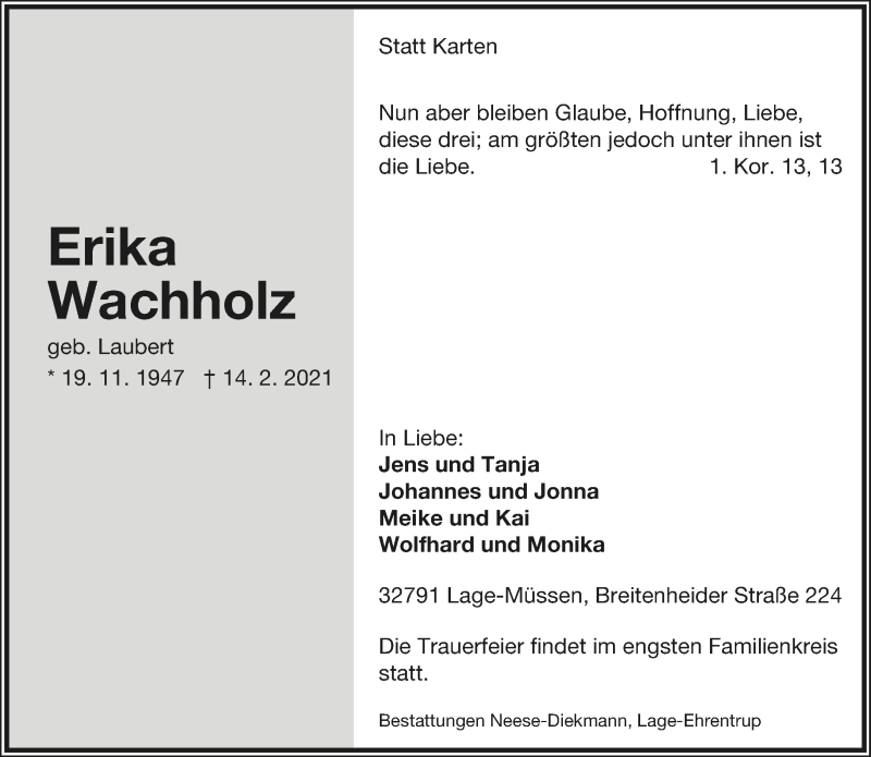  Traueranzeige für Erika Wachholz vom 20.02.2021 aus Lippische Landes-Zeitung
