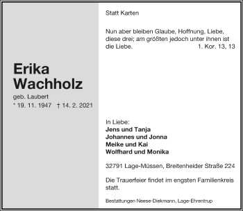 Anzeige  Erika Wachholz  Lippische Landes-Zeitung