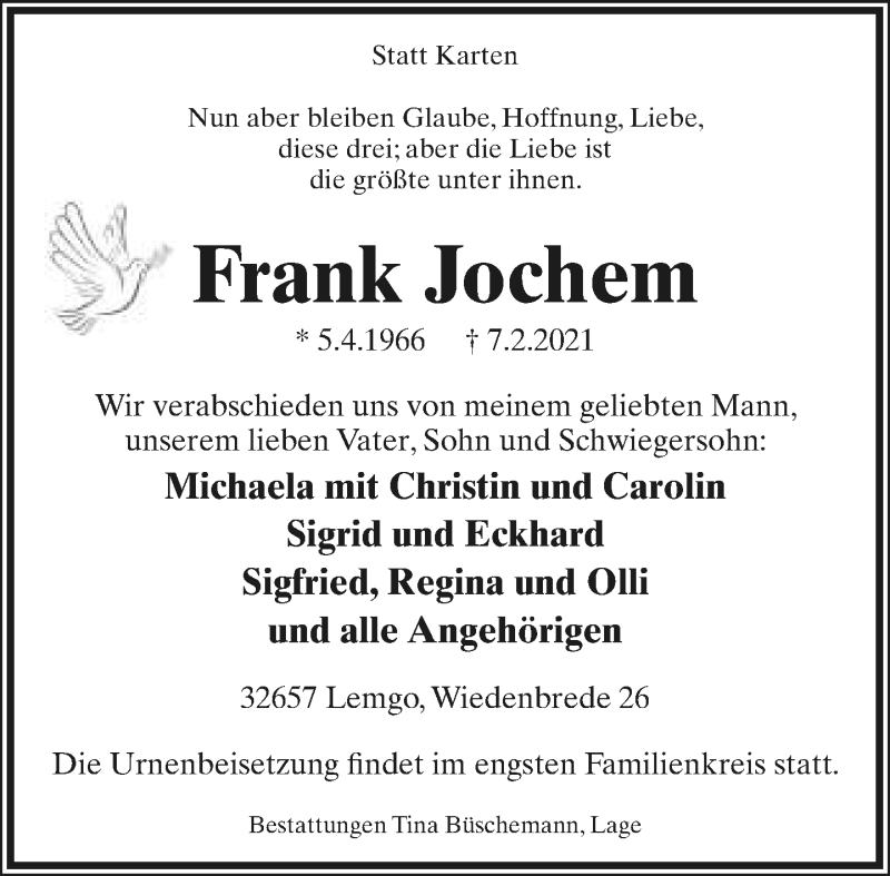  Traueranzeige für Frank Jochem vom 13.02.2021 aus Lippische Landes-Zeitung