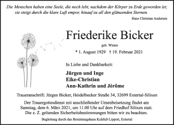 Anzeige  Friederike Bicker  Lippische Landes-Zeitung