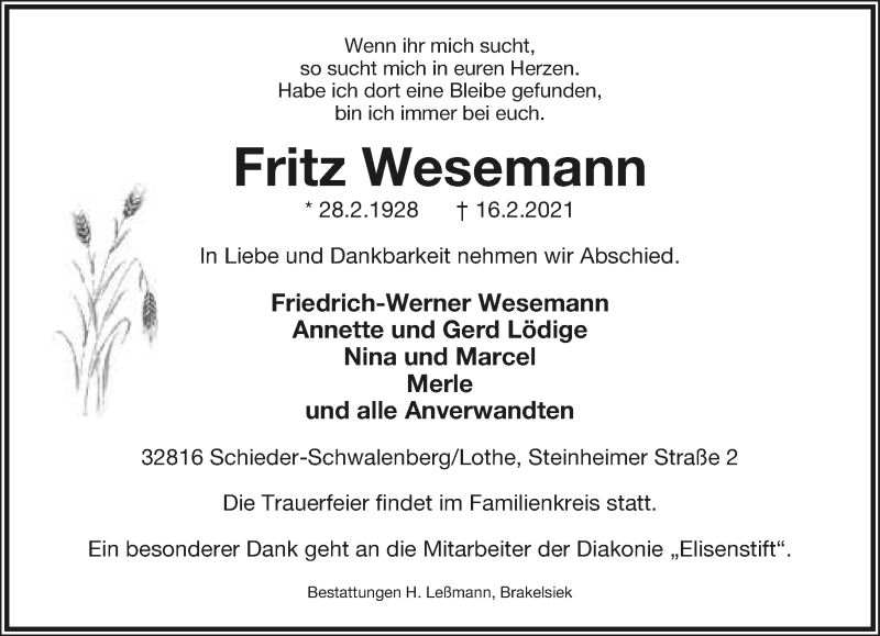  Traueranzeige für Fritz Wesemann vom 20.02.2021 aus Lippische Landes-Zeitung