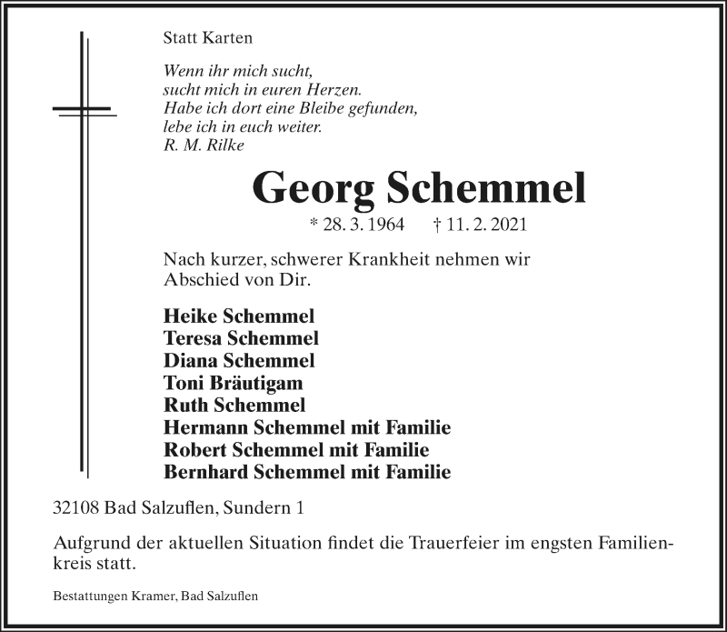  Traueranzeige für Georg Schemmel vom 27.02.2021 aus Lippische Landes-Zeitung
