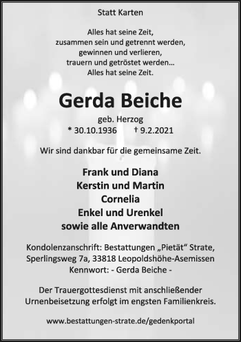 Anzeige  Gerda Beiche  Lippische Landes-Zeitung