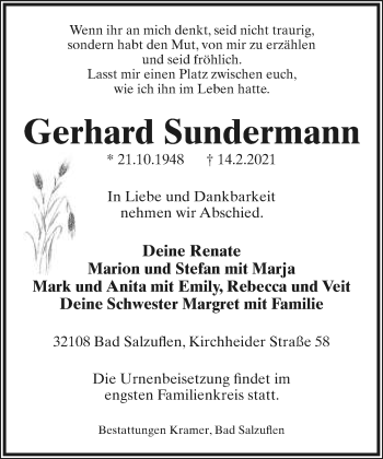 Anzeige  Gerhard Sundermann  Lippische Landes-Zeitung